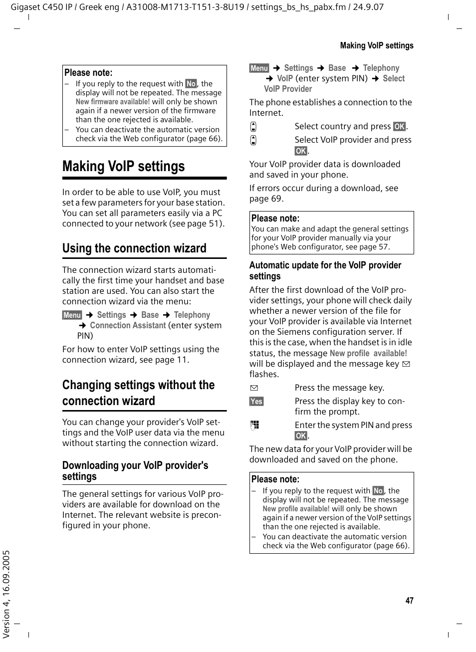 Making voip settings, Using the connection wizard, Changing settings without the connection wizard | Downloading your voip provider's settings | Siemens Gigaset C450IP User Manual | Page 48 / 106