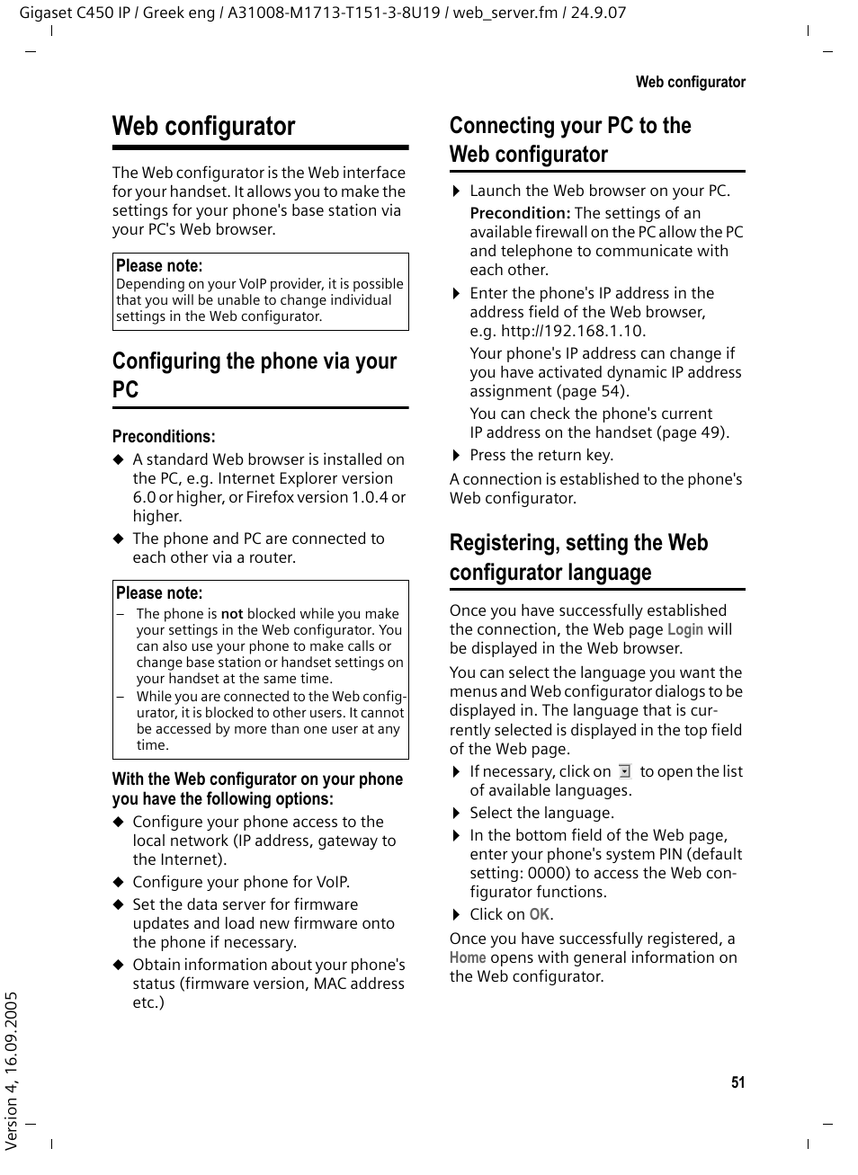 Web configurator, Configuring the phone via your pc, Connecting your pc to the web configurator | Registering, setting the web configurator language | Siemens Gigaset C450IP User Manual | Page 52 / 106