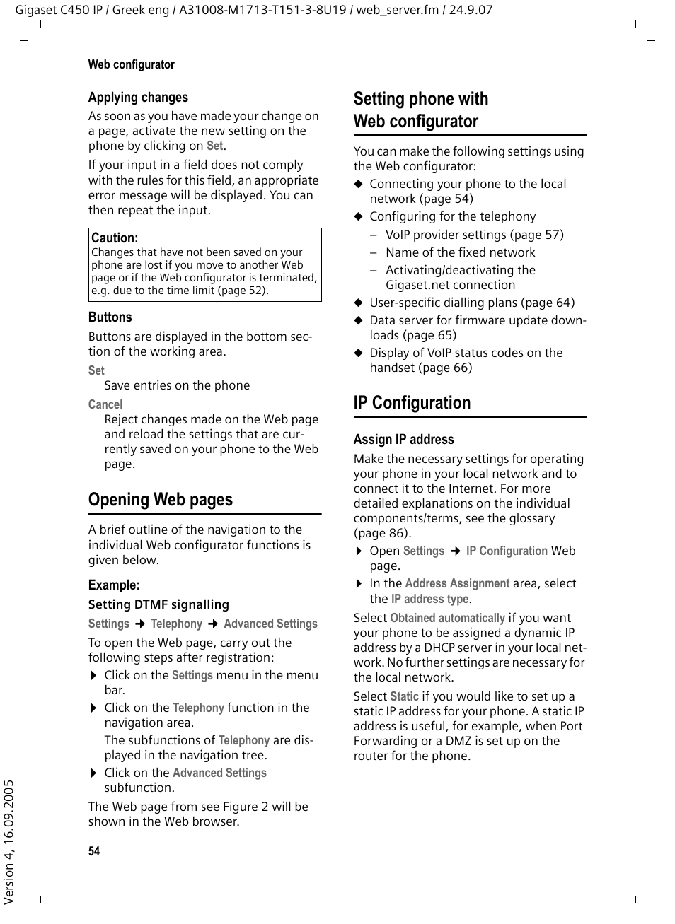 Setting phone with web configurator, Ip configuration, Opening web pages | Siemens Gigaset C450IP User Manual | Page 55 / 106