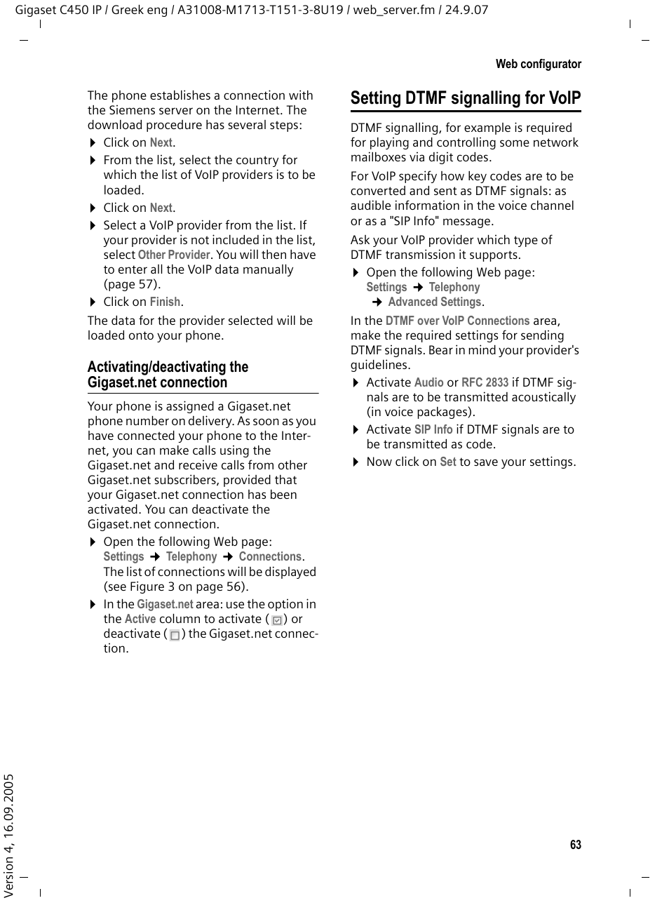 Activating/deactivating the gigaset.net connection, Setting dtmf signalling for voip, R (s. 63) | Siemens Gigaset C450IP User Manual | Page 64 / 106