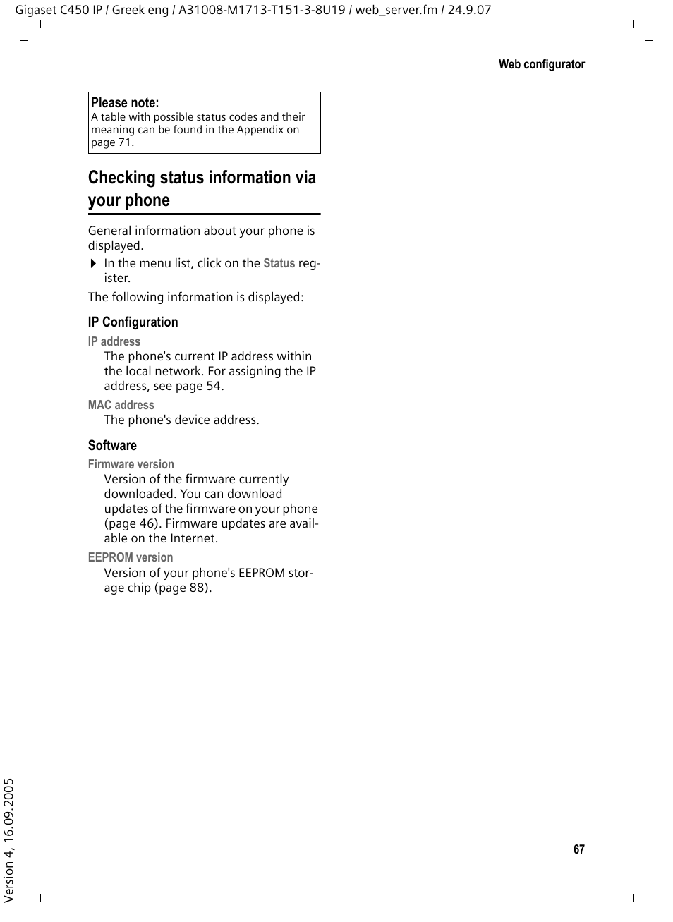 Checking status information via your phone | Siemens Gigaset C450IP User Manual | Page 68 / 106