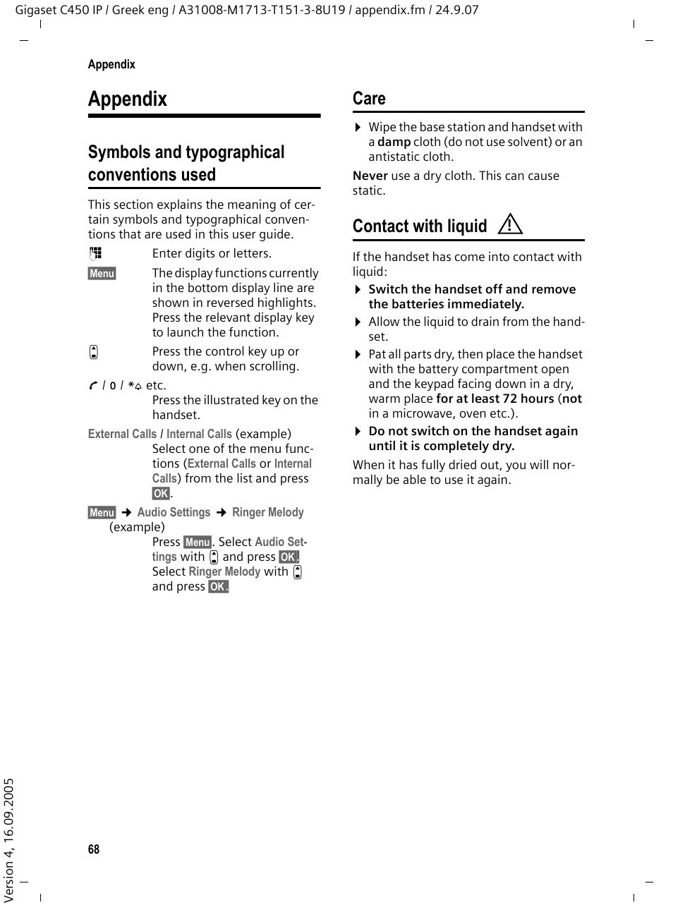 Appendix, Symbols and typographical conventions used, Care | Contact with liquid | Siemens Gigaset C450IP User Manual | Page 69 / 106