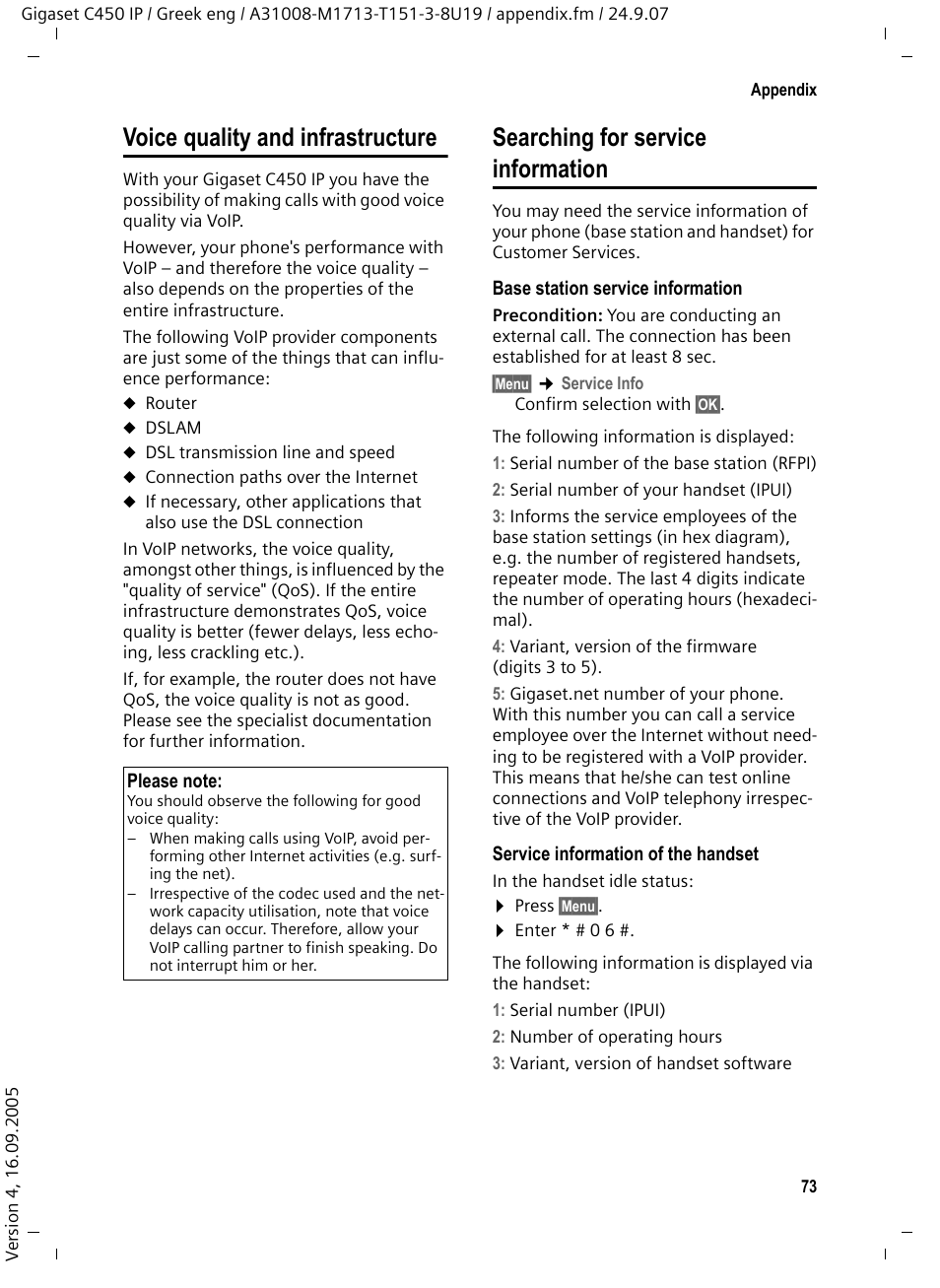 Voice quality and infrastructure, Searching for service information, S. 73) | Siemens Gigaset C450IP User Manual | Page 74 / 106