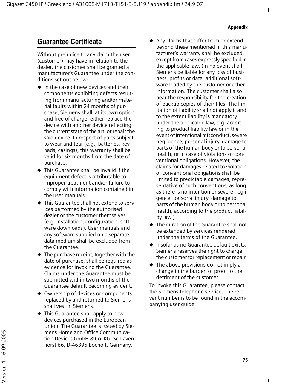 Guarantee certificate | Siemens Gigaset C450IP User Manual | Page 76 / 106