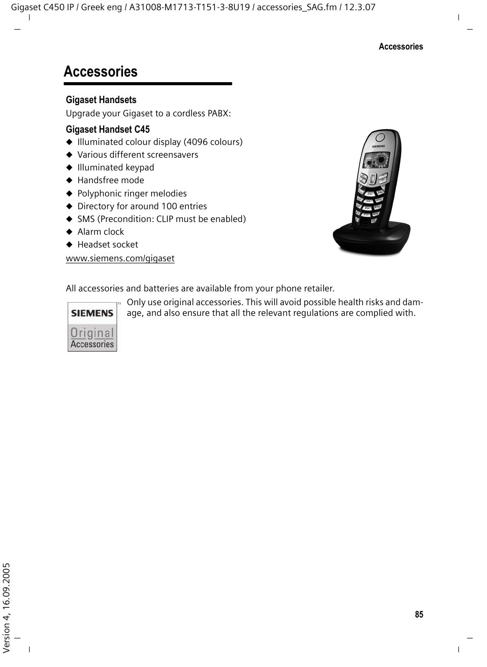 Accessories | Siemens Gigaset C450IP User Manual | Page 86 / 106