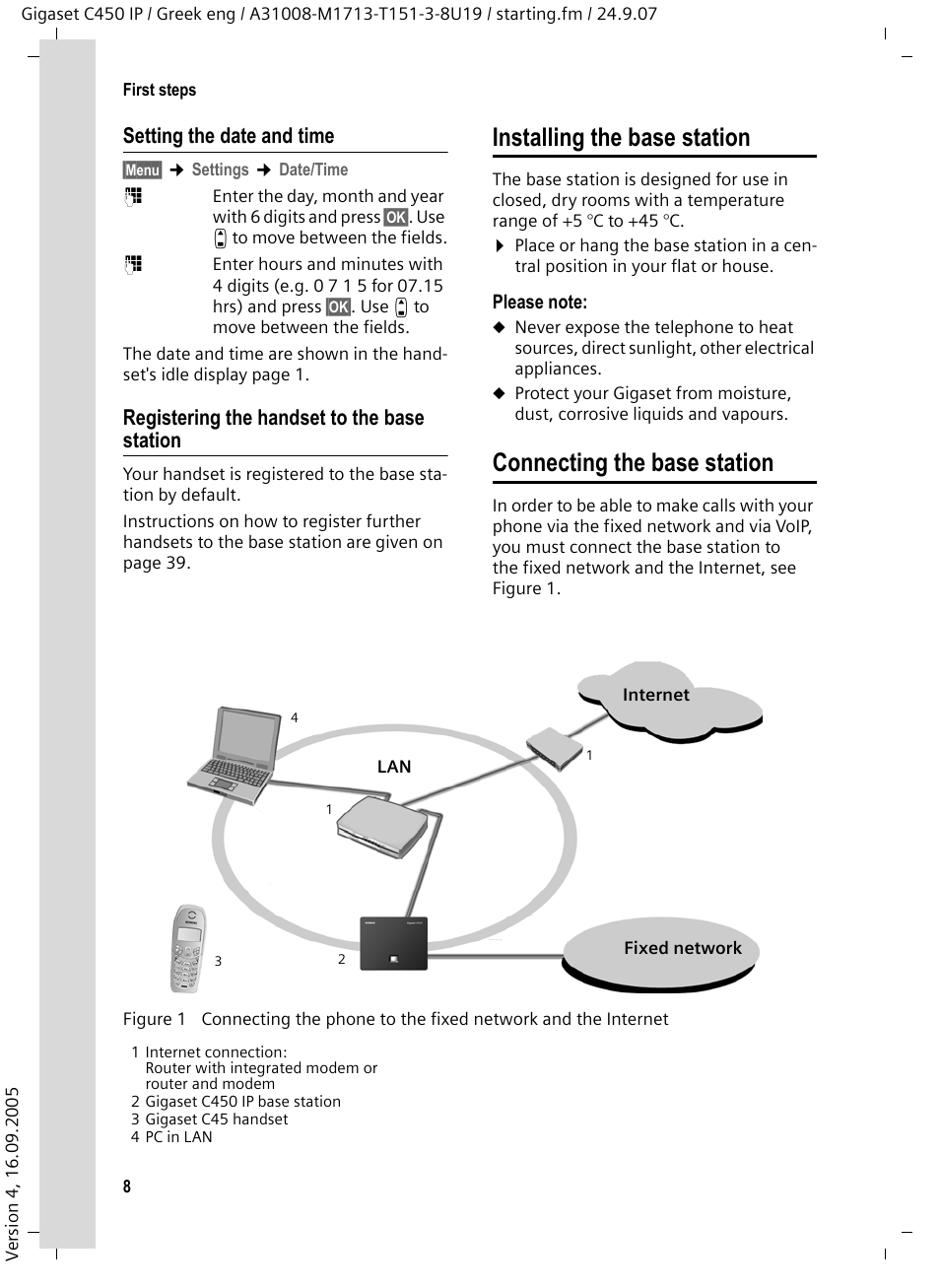 Setting the date and time, Registering the handset to the base station, Installing the base station | Connecting the base station | Siemens Gigaset C450IP User Manual | Page 9 / 106