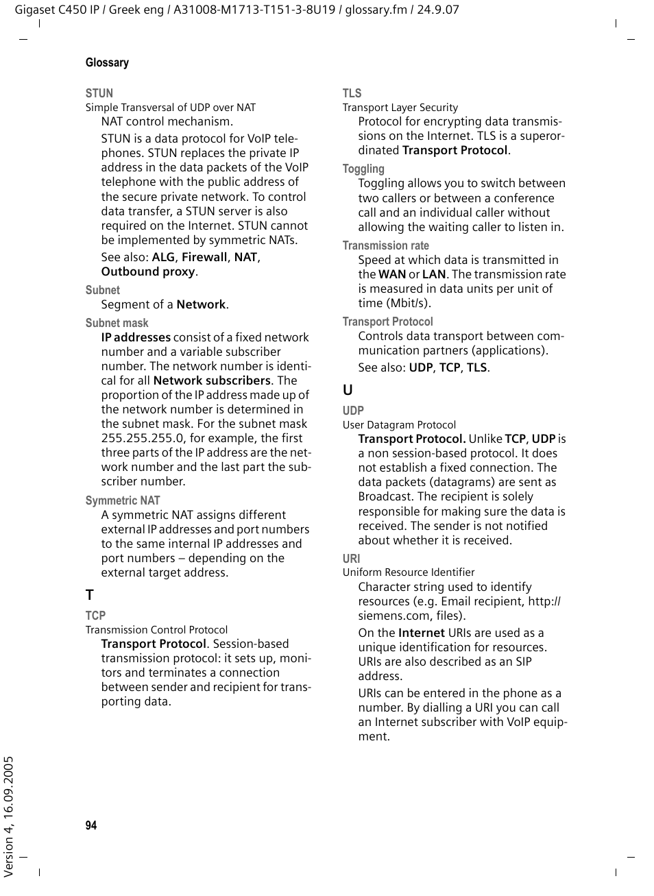 Stun, Toggling, E subnet mask , the | See uri | Siemens Gigaset C450IP User Manual | Page 95 / 106