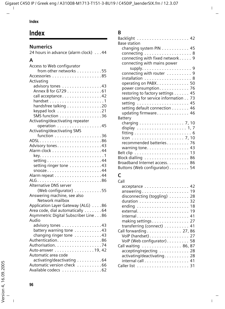 Index, Numerics | Siemens Gigaset C450IP User Manual | Page 97 / 106