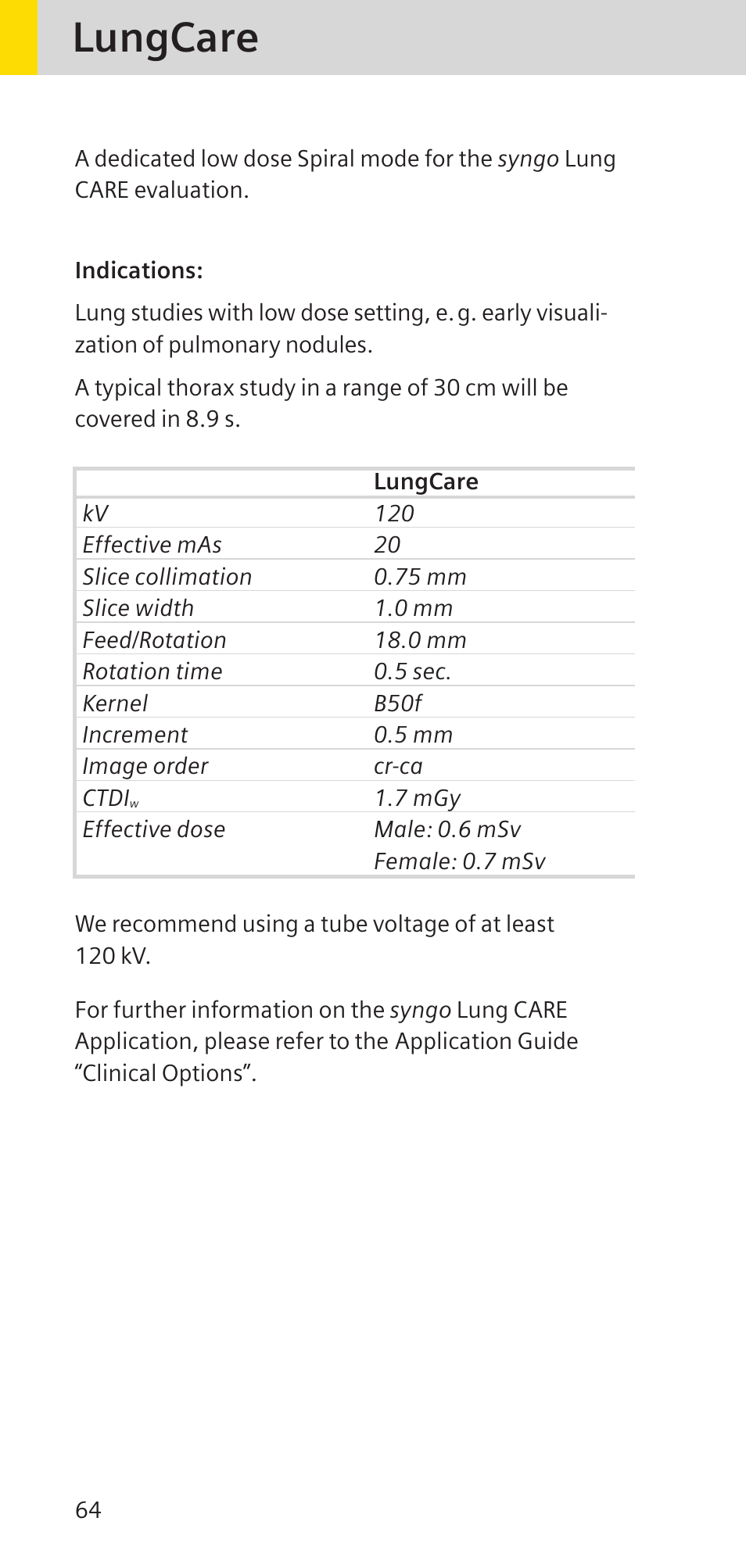 Lungcare | Siemens SOMATOM SENSATION CARDIAC A60 User Manual | Page 64 / 128