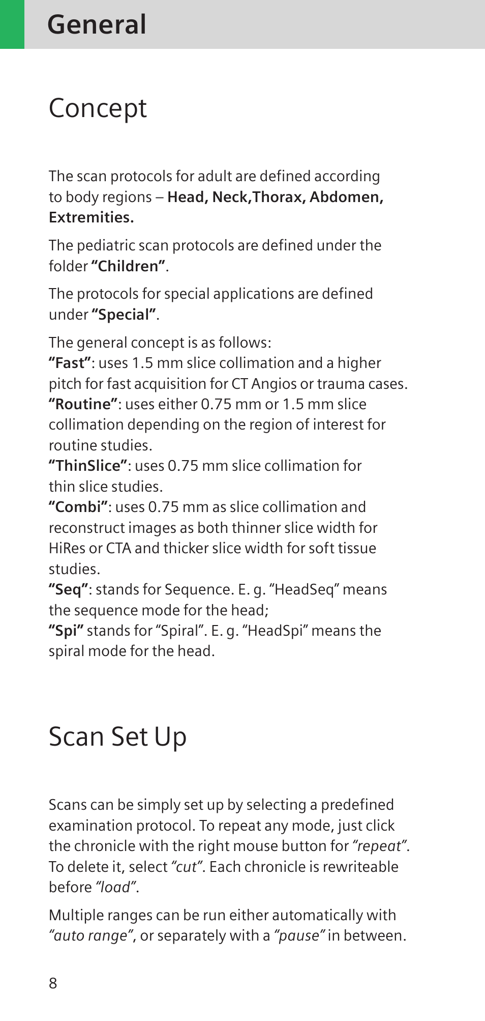 General concept, Scan set up | Siemens SOMATOM SENSATION CARDIAC A60 User Manual | Page 8 / 128