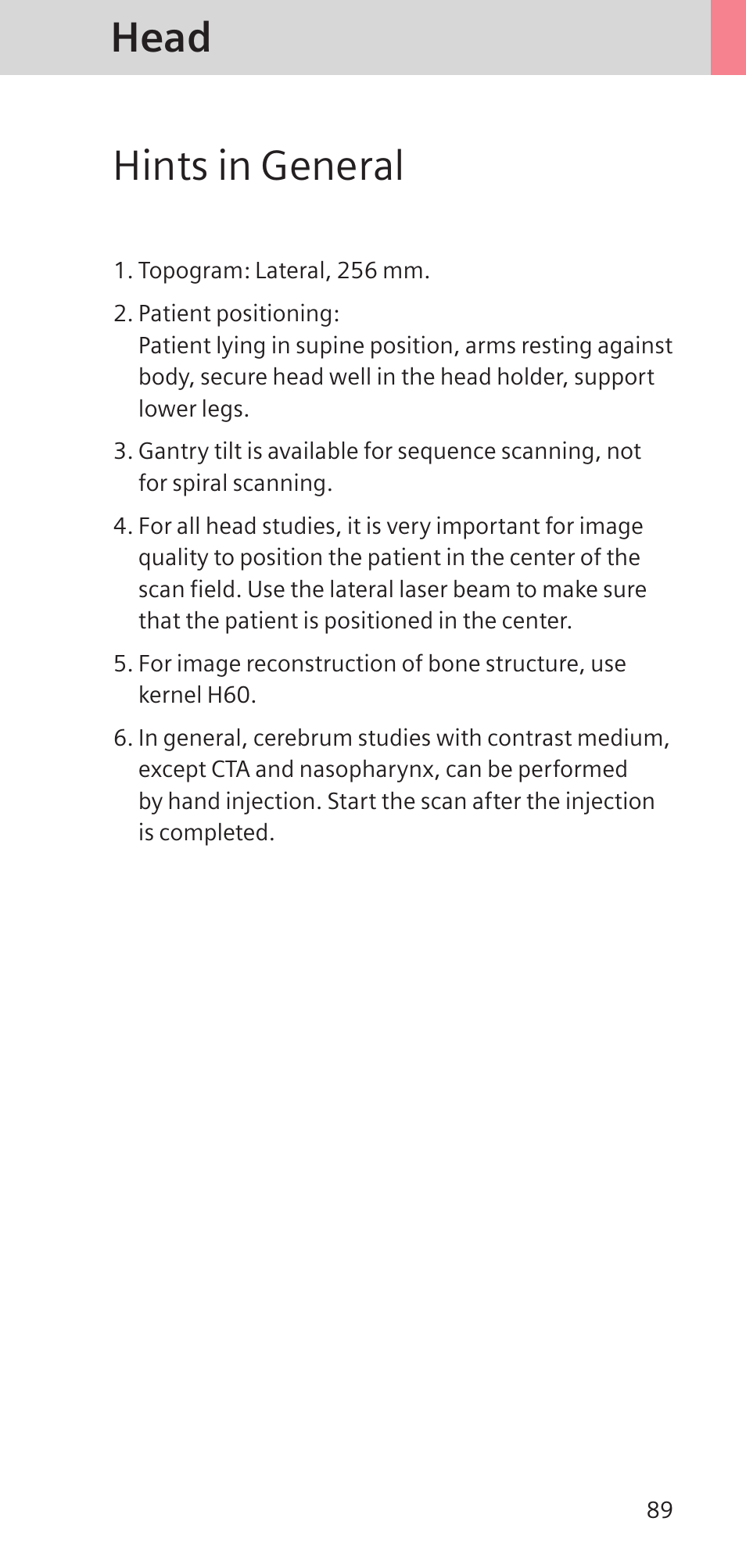 Head hints in general | Siemens SOMATOM SENSATION CARDIAC A60 User Manual | Page 89 / 128