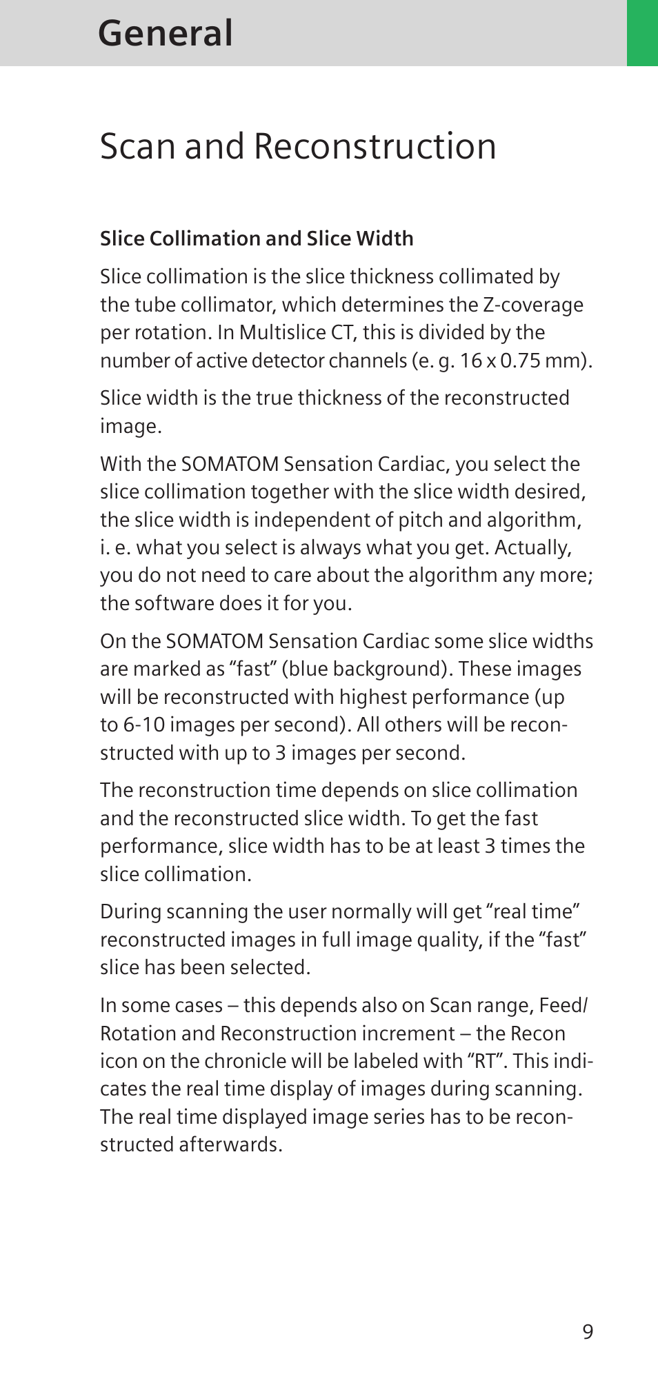 General scan and reconstruction | Siemens SOMATOM SENSATION CARDIAC A60 User Manual | Page 9 / 128