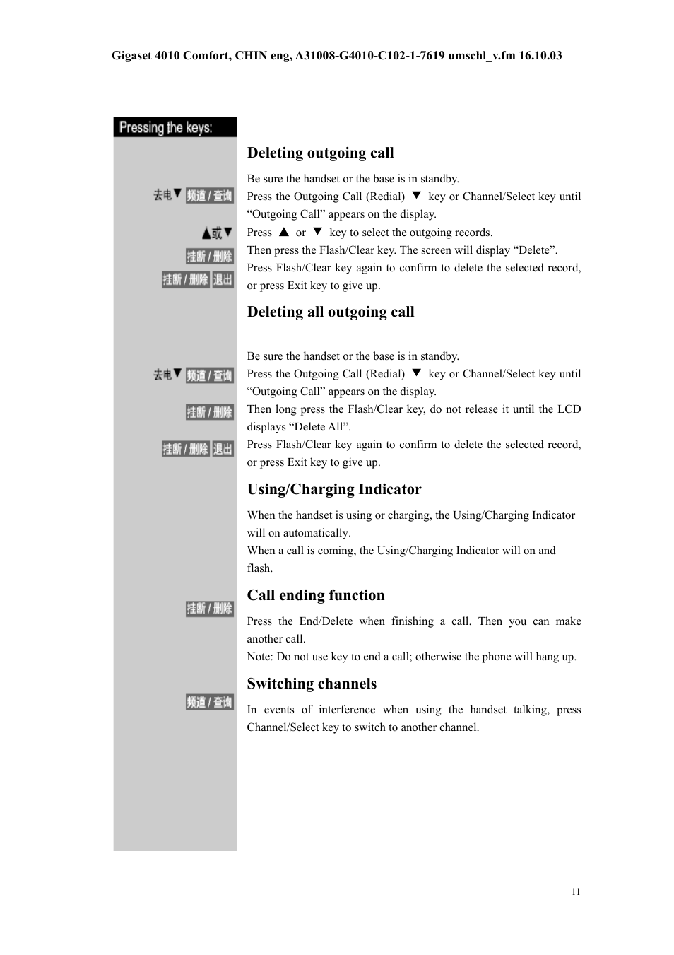Deleting outgoing call, Deleting all outgoing call, Using/charging indicator | Call ending function, Switching channels | Siemens W12 User Manual | Page 11 / 22