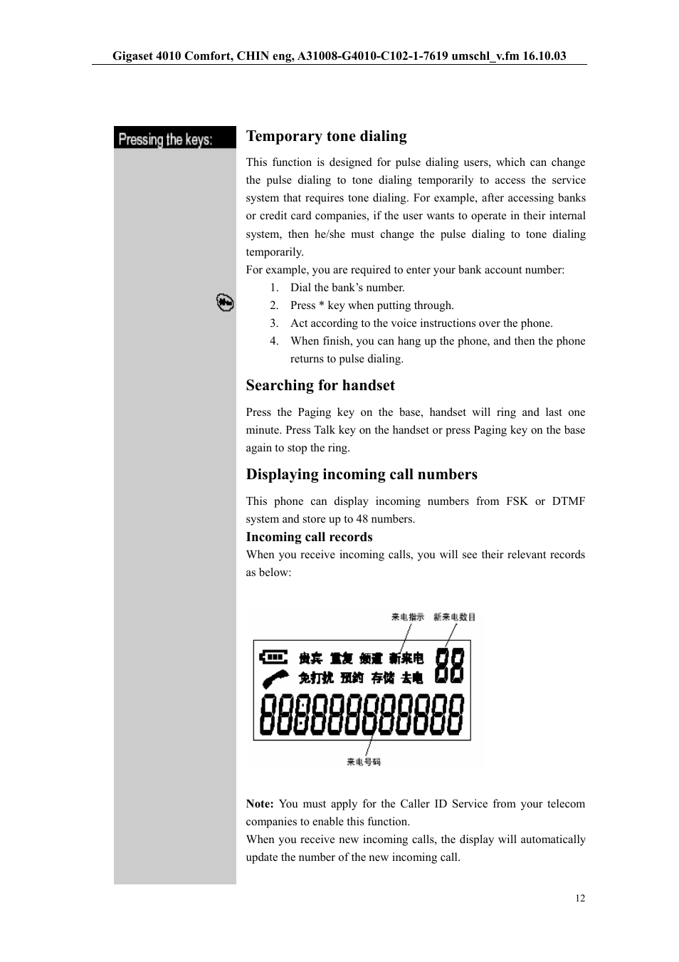 Temporary tone dialing, Searching for handset, Displaying incoming call numbers | Siemens W12 User Manual | Page 12 / 22