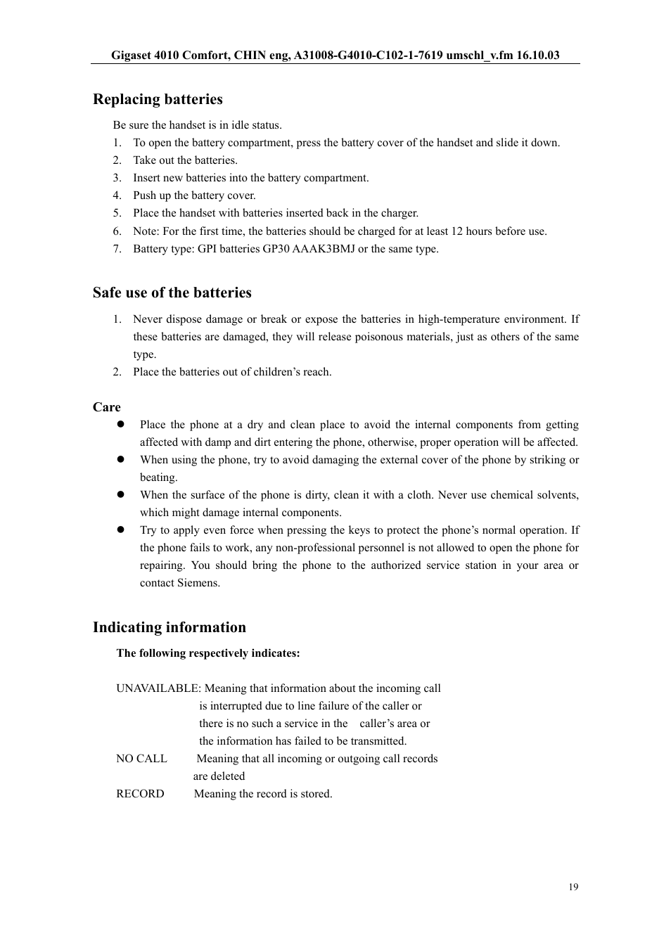 Replacing batteries, Safe use of the batteries, Indicating information | Siemens W12 User Manual | Page 19 / 22