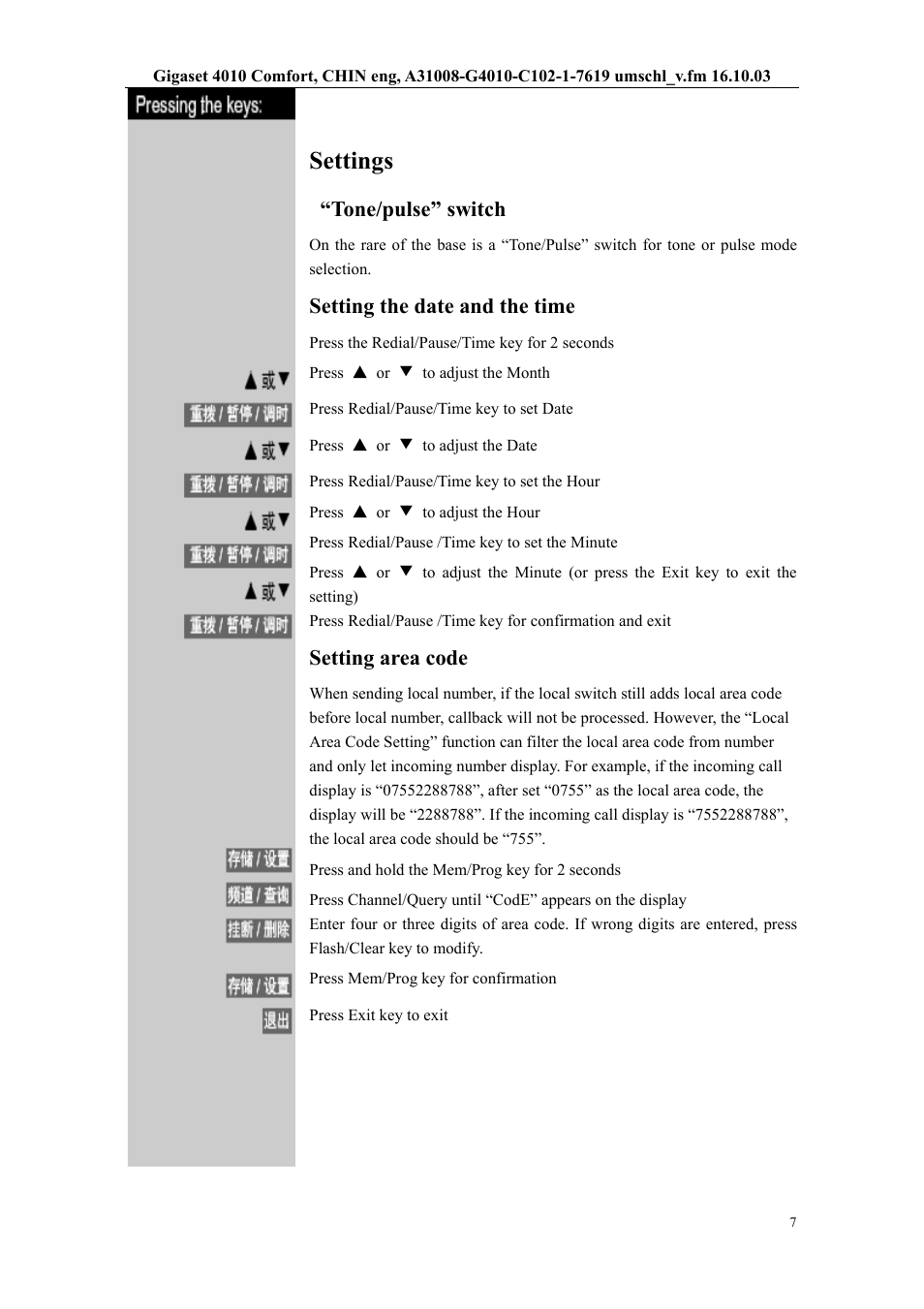 Settings, Tone/pulse” switch, Setting the date and the time | Setting area code | Siemens W12 User Manual | Page 7 / 22