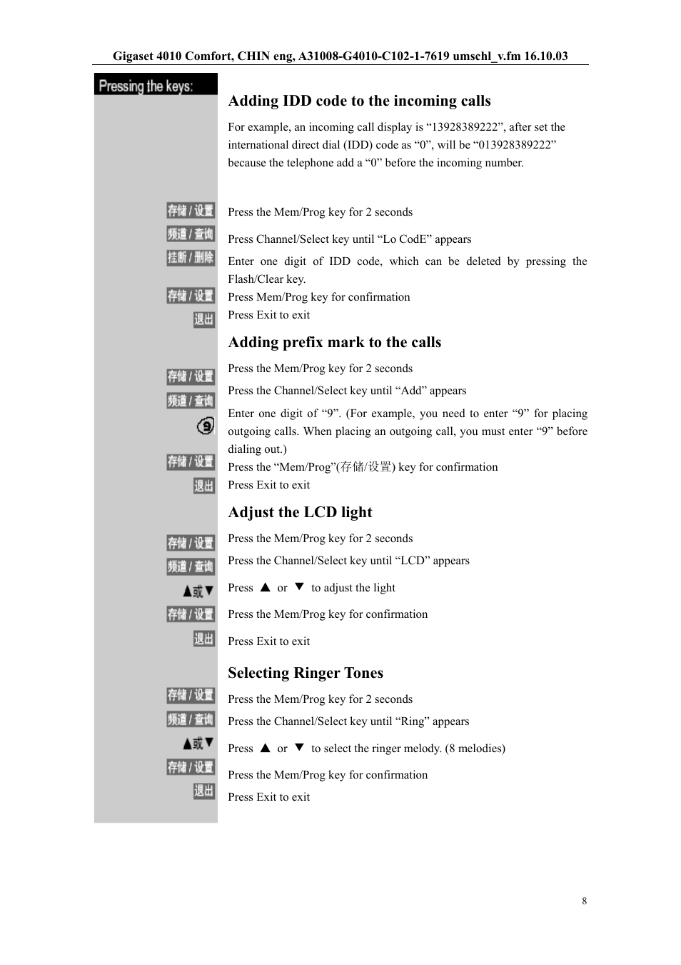 Adding idd code to the incoming calls, Adding prefix mark to the calls, Adjust the lcd light | Selecting ringer tones | Siemens W12 User Manual | Page 8 / 22