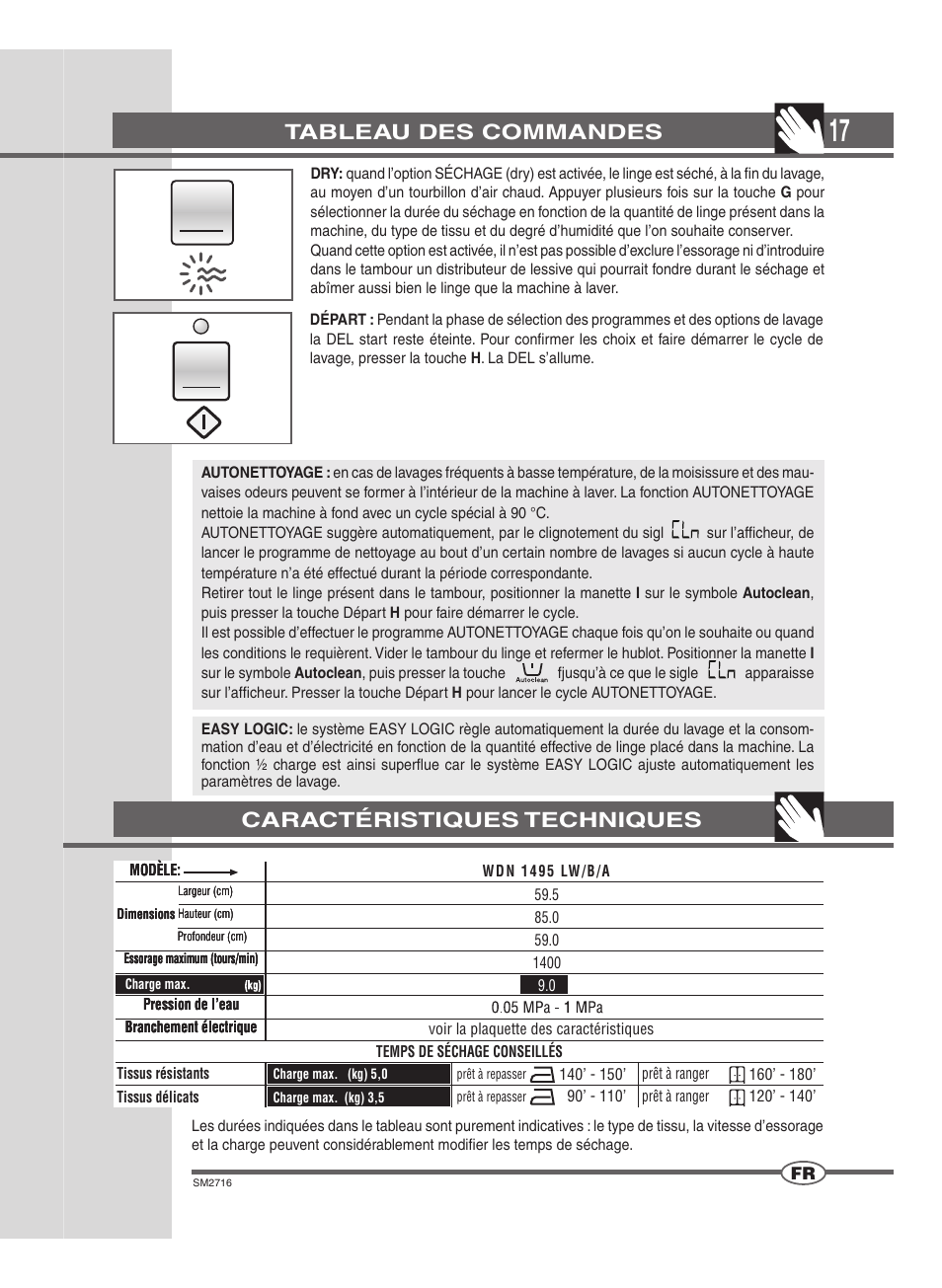 Tableau des commandes, Caractéristiques techniques | Ardo WDN 1495 LW User Manual | Page 17 / 68