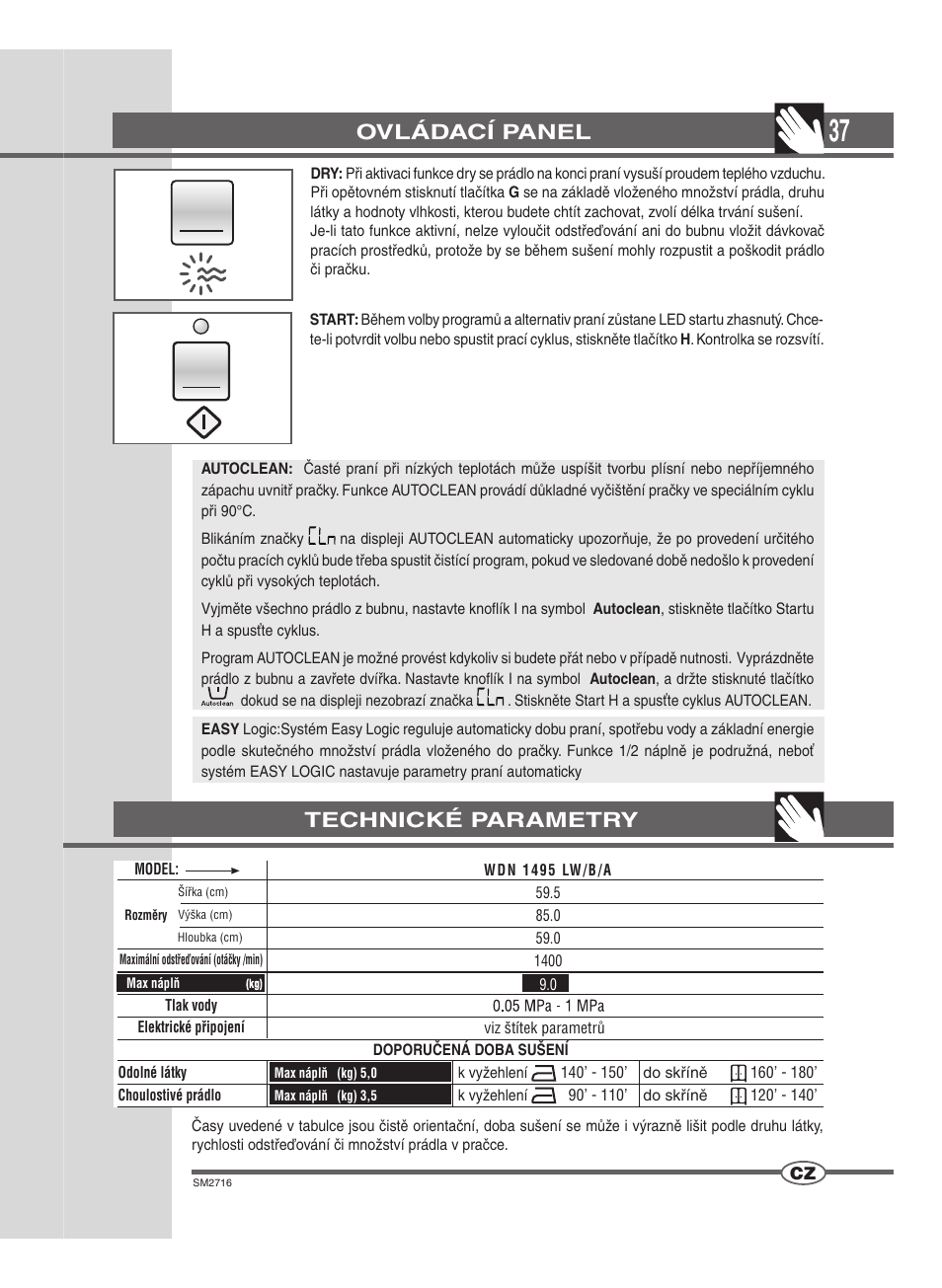 Ovládací panel, Technické parametry | Ardo WDN 1495 LW User Manual | Page 37 / 68
