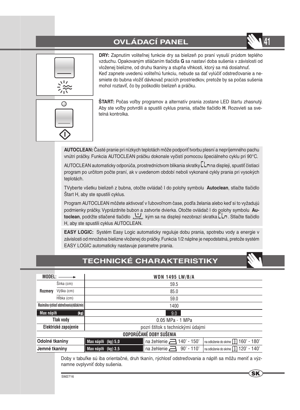 Ovládací panel, Technické charakteristiky | Ardo WDN 1495 LW User Manual | Page 41 / 68