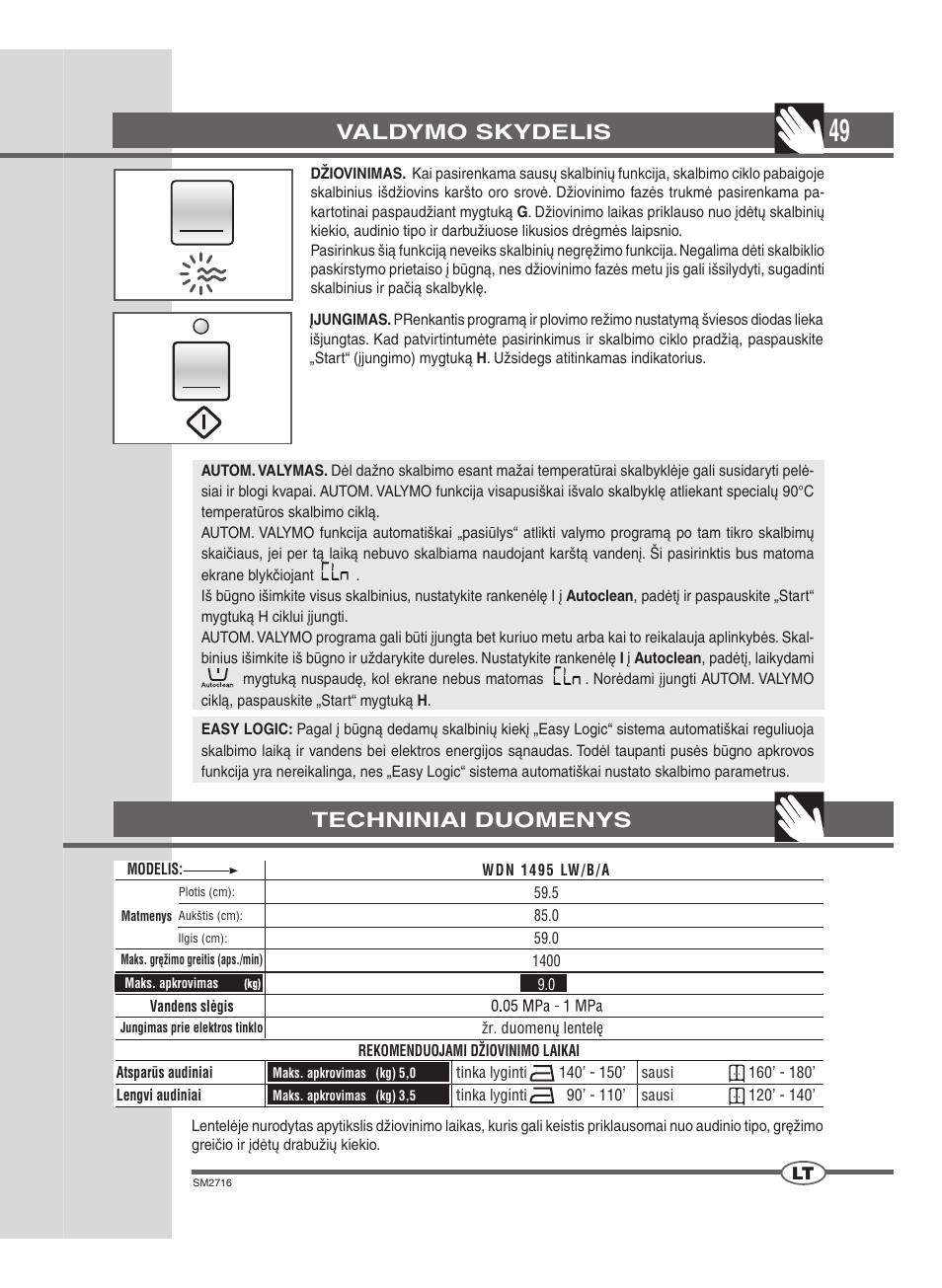 Valdymo skydelis, Techniniai duomenys | Ardo WDN 1495 LW User Manual | Page 49 / 68