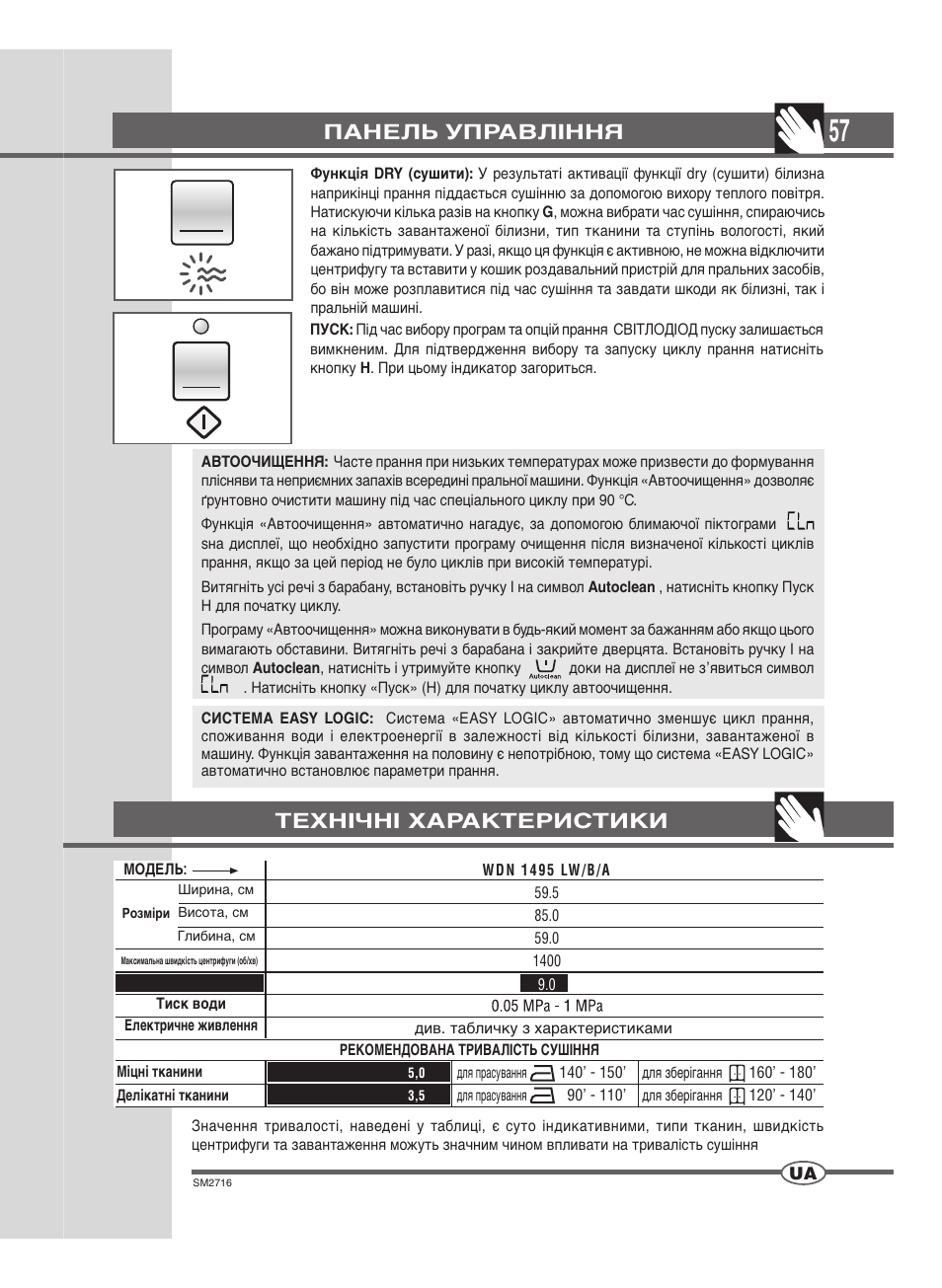 Панель управління, Технічні характеристики | Ardo WDN 1495 LW User Manual | Page 57 / 68