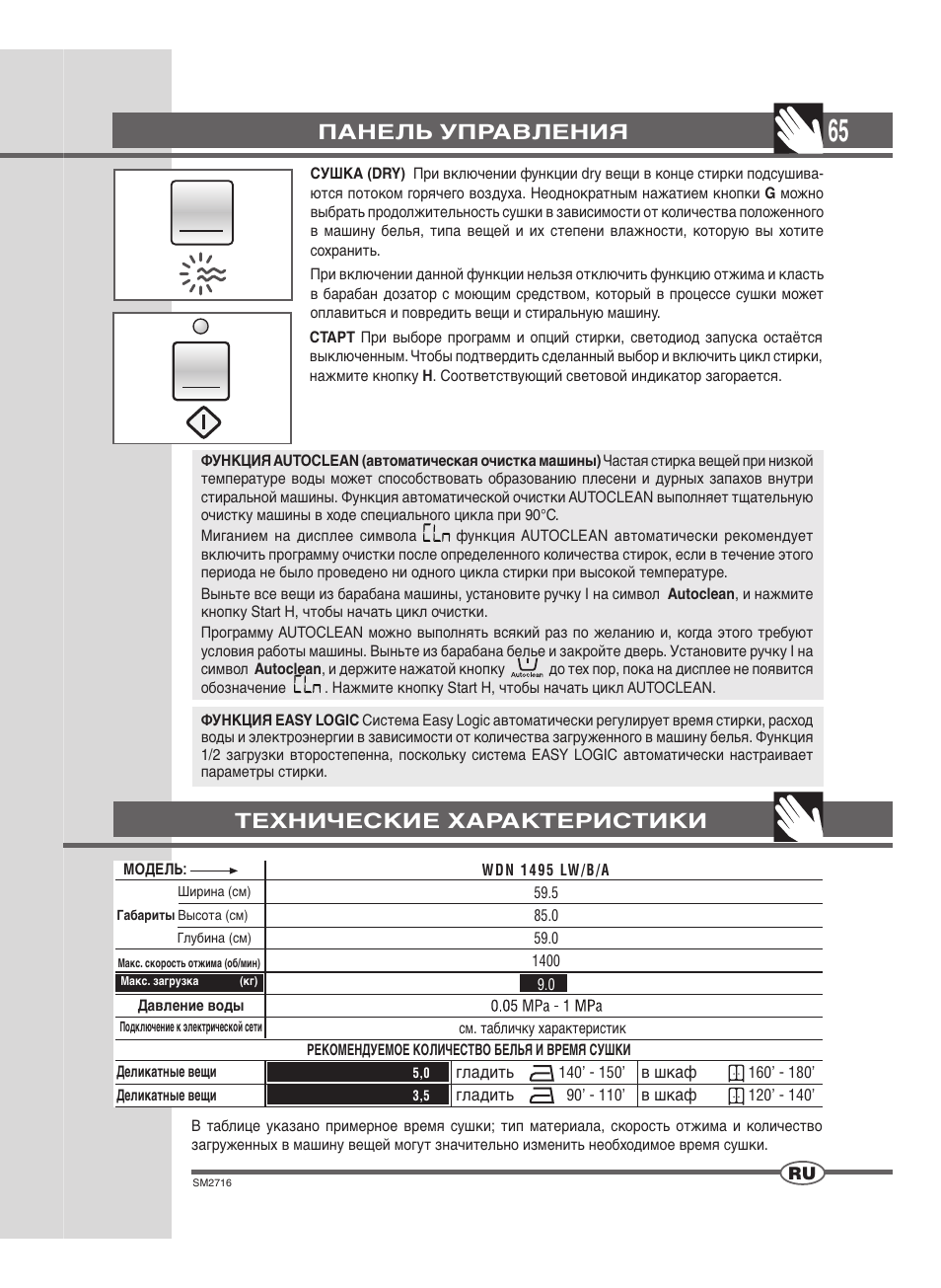 Панель управления, Технические характеристики | Ardo WDN 1495 LW User Manual | Page 65 / 68