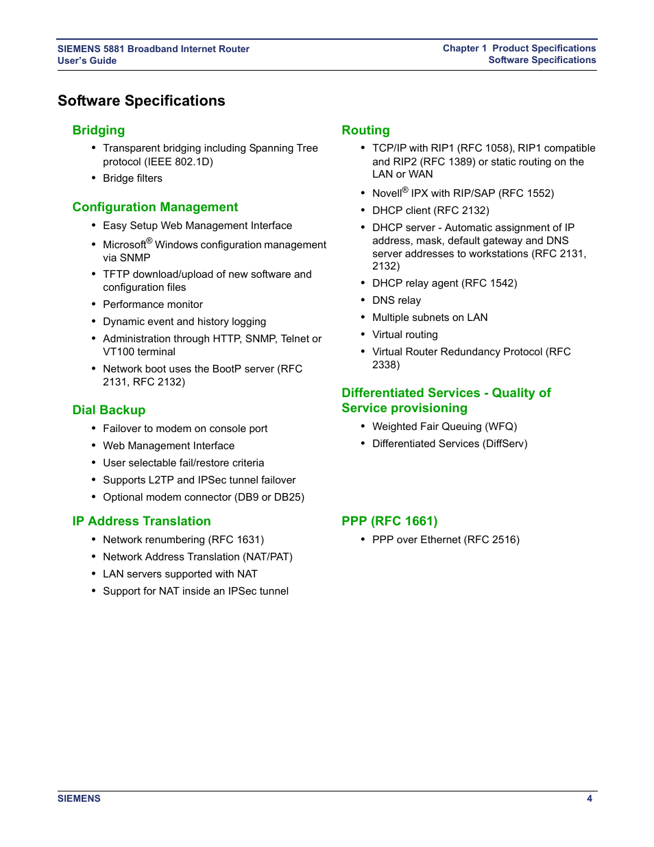 Software specifications, Bridging, Configuration management | Dial backup, Routing, Ip address translation, Ppp (rfc 1661) | Siemens 5881 User Manual | Page 10 / 87