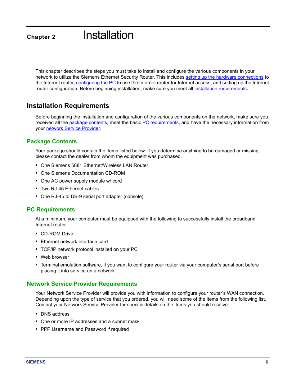 Chapter 2 installation, Installation requirements, Package contents | Pc requirements, Network service provider requirements, Installation | Siemens 5881 User Manual | Page 12 / 87