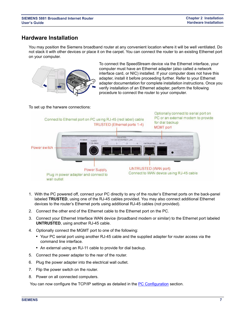 Hardware installation, Setting up the hardware connections | Siemens 5881 User Manual | Page 13 / 87