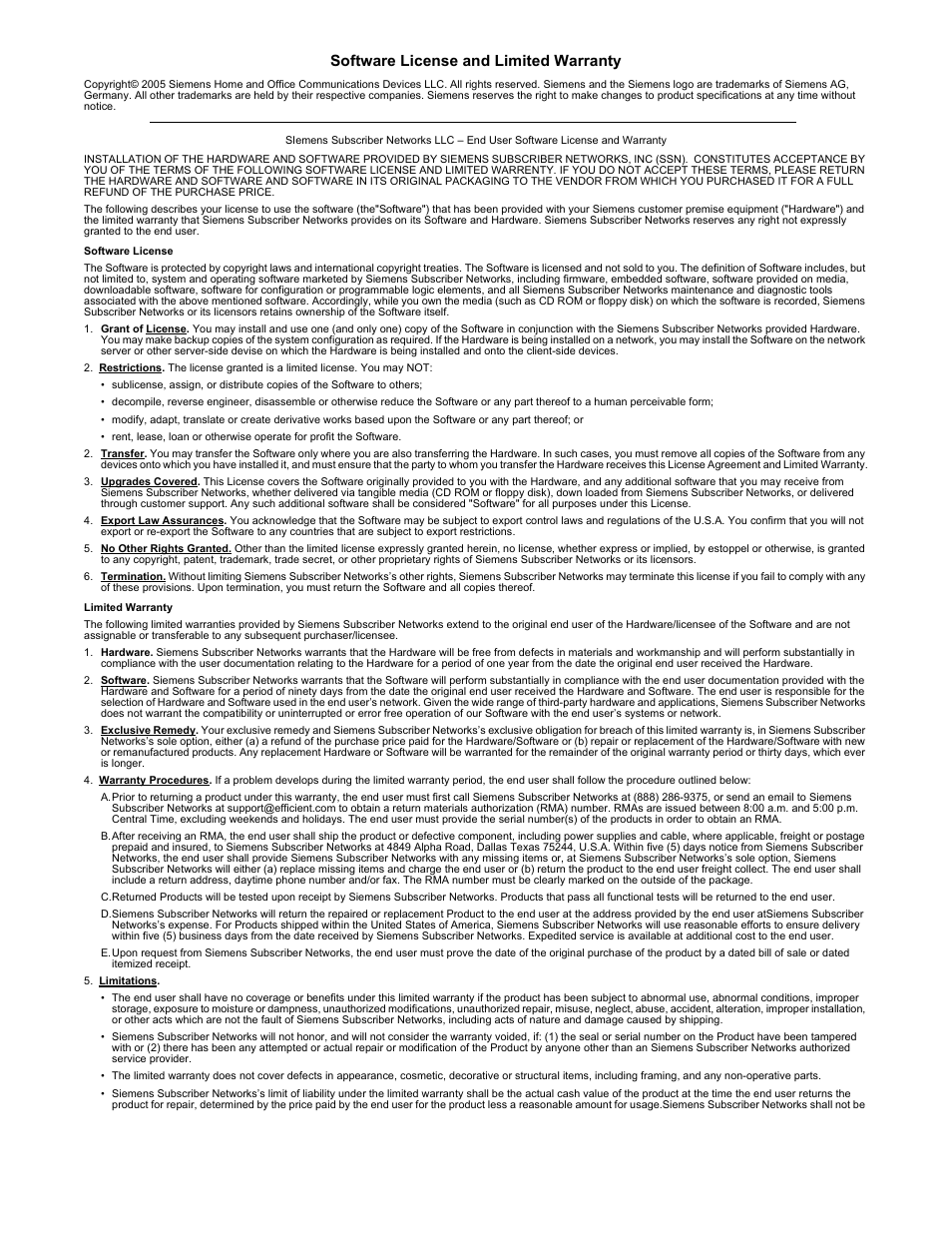 Software license and limited warranty | Siemens 5881 User Manual | Page 2 / 87