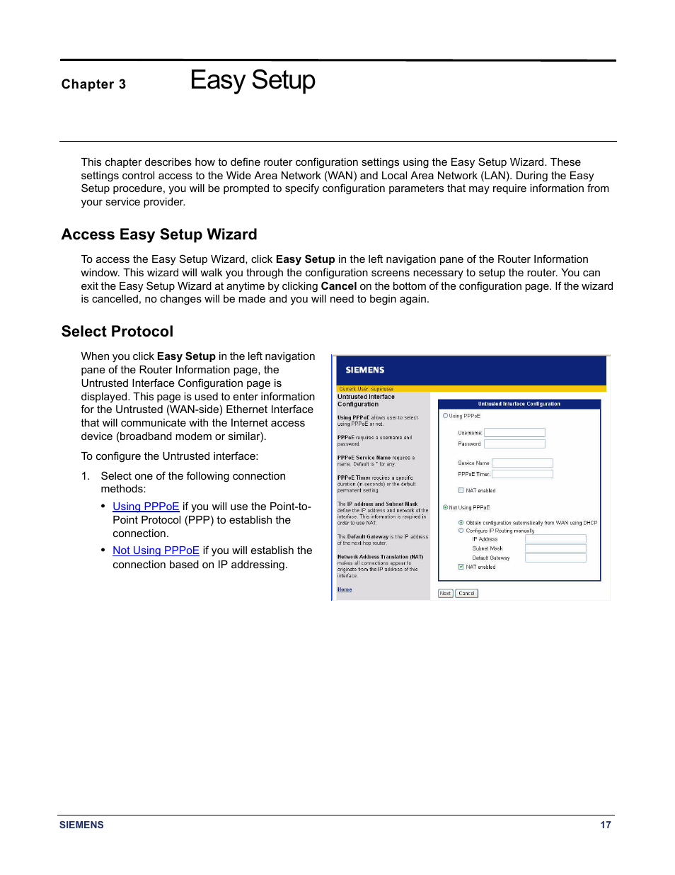 Chapter 3 easy setup, Access easy setup wizard, Select protocol | Access easy setup wizard select protocol, Chapter titled "easy setup, Easy setup | Siemens 5881 User Manual | Page 23 / 87