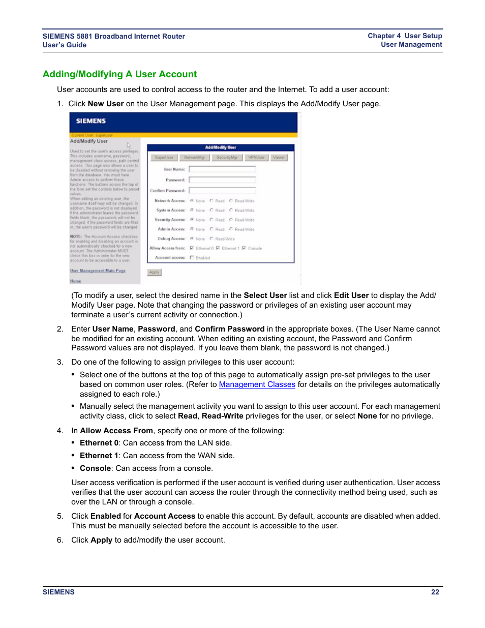 Adding/modifying a user account, Add or modify a user account | Siemens 5881 User Manual | Page 28 / 87