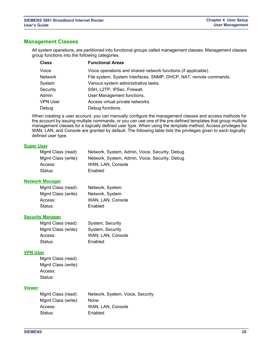 Management classes, Super user, Network manager | Security manager, Vpn user, Viewer | Siemens 5881 User Manual | Page 34 / 87