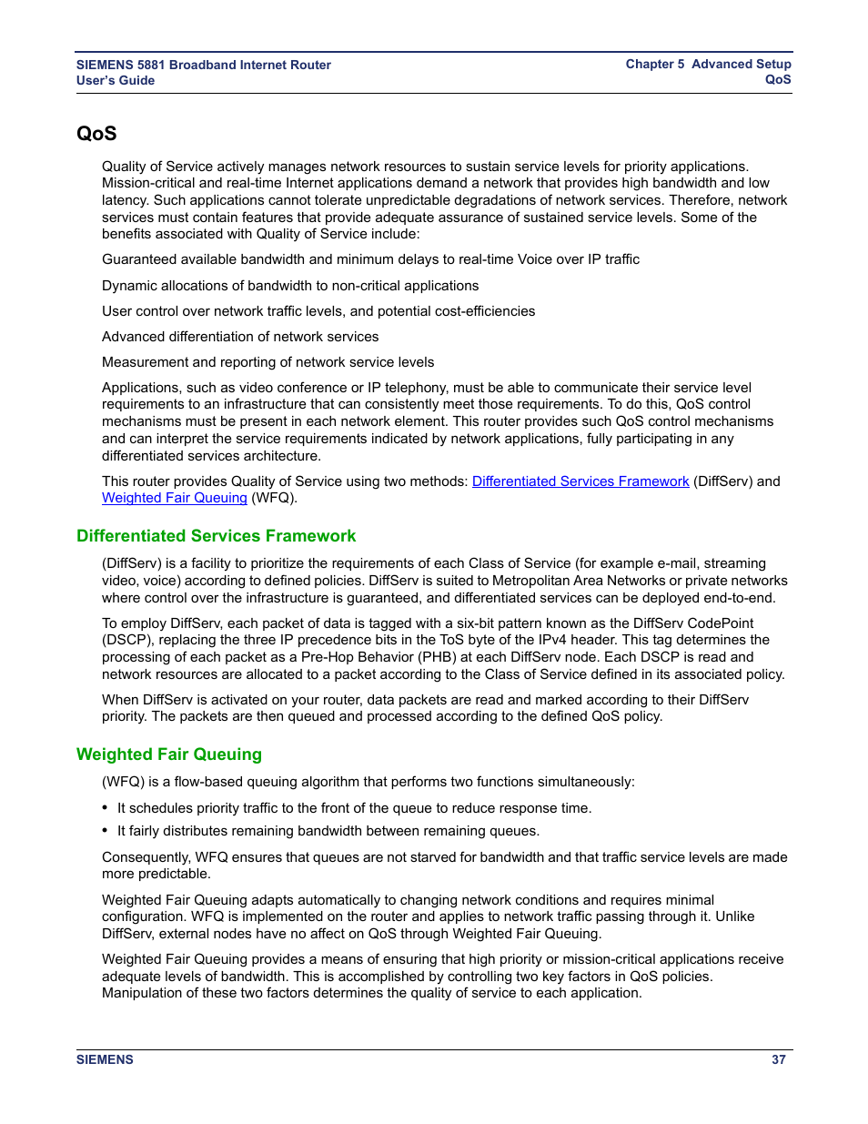 Differentiated services framework, Weighted fair queuing, Quality of service (qos) | Siemens 5881 User Manual | Page 43 / 87