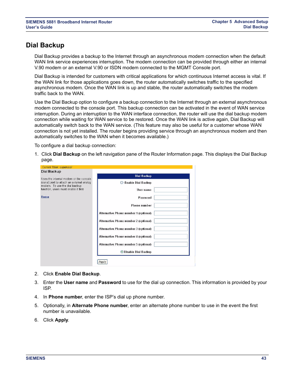 Dial backup | Siemens 5881 User Manual | Page 49 / 87