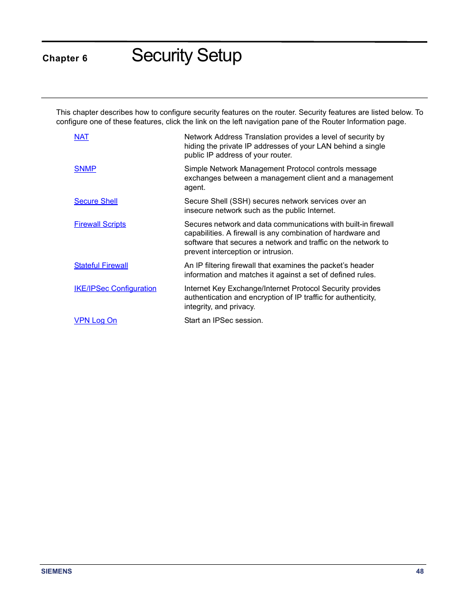 Chapter 6 security setup, Chapter titled "security setup, Security setup | Siemens 5881 User Manual | Page 54 / 87