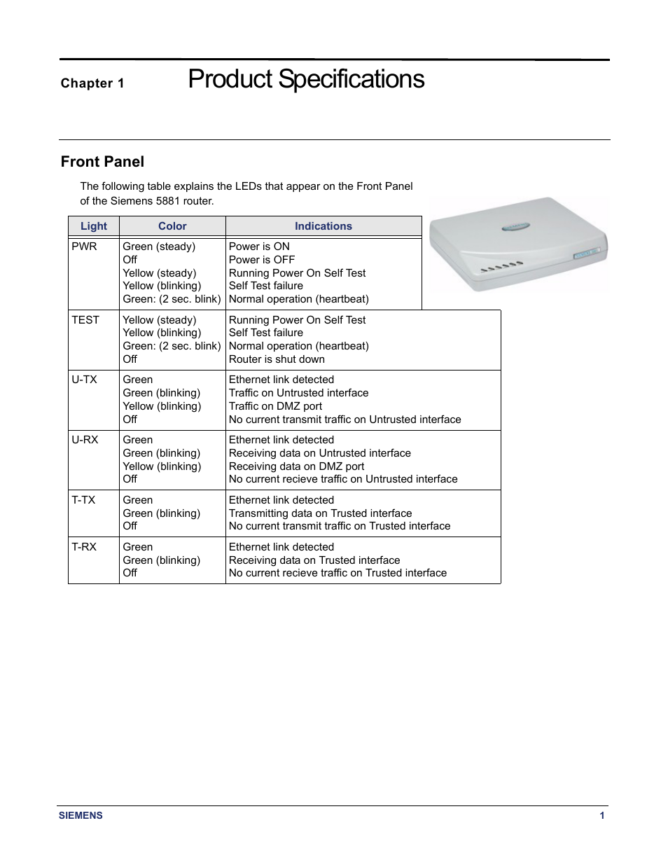 Chapter 1 product specifications, Front panel, Product specifications | Siemens 5881 User Manual | Page 7 / 87