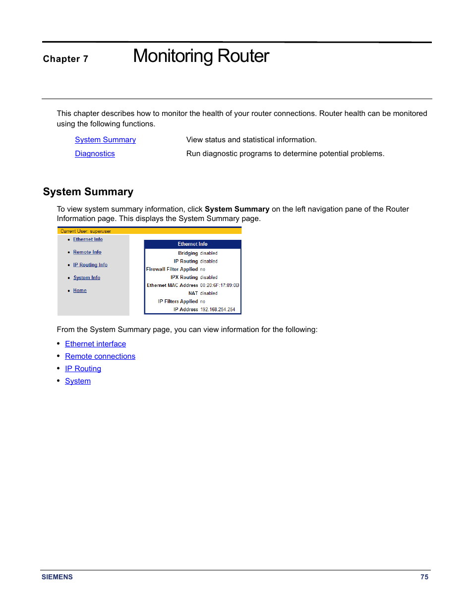 Chapter 7 monitoring router, System summary, Chapter titled "monitoring router | Monitoring router | Siemens 5881 User Manual | Page 81 / 87