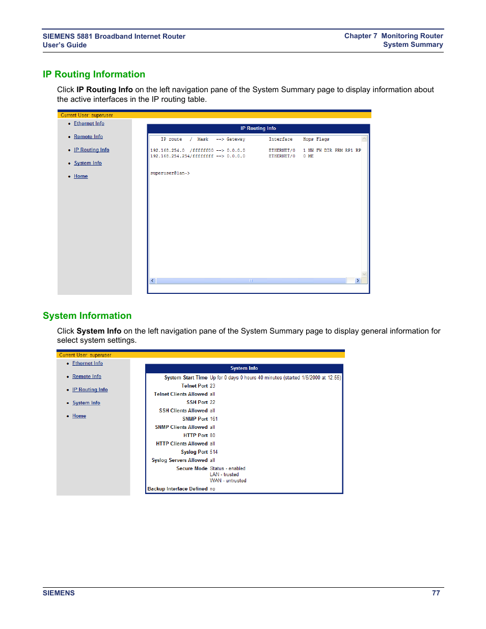 Ip routing information, System information, Ip routing information system information | Ip routing, System | Siemens 5881 User Manual | Page 83 / 87