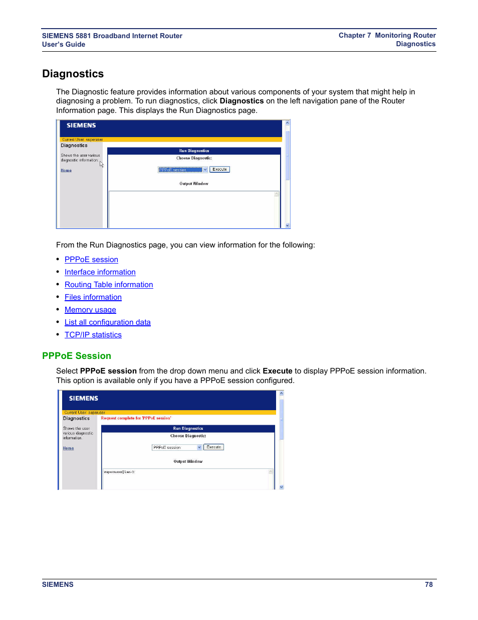 Diagnostics, Pppoe session | Siemens 5881 User Manual | Page 84 / 87