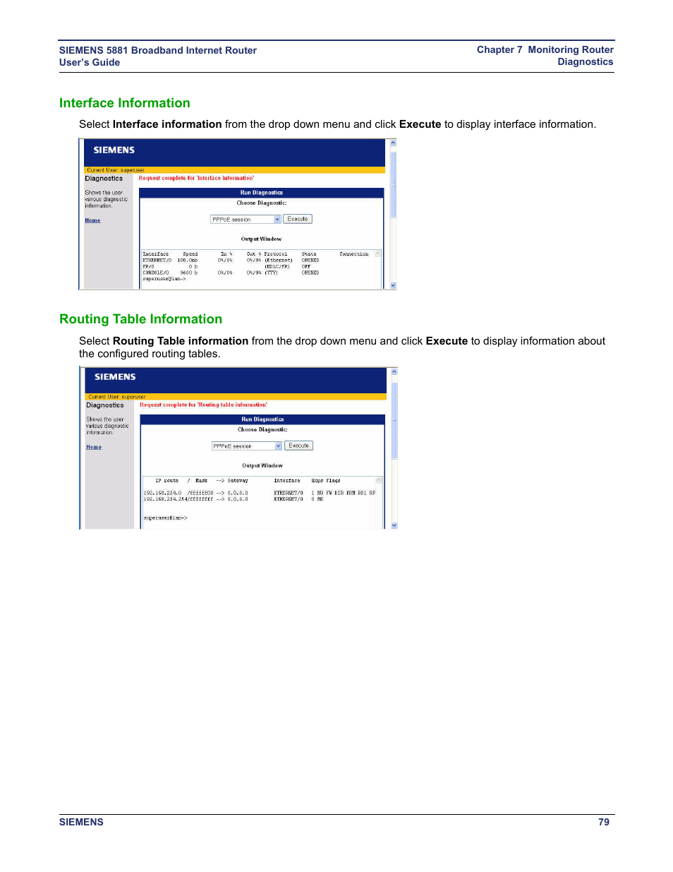 Interface information, Routing table information, Interface information routing table information | Siemens 5881 User Manual | Page 85 / 87