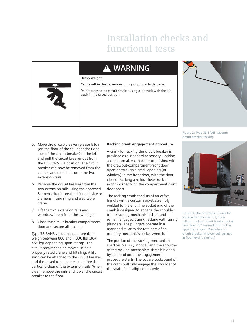 Installation checks and functional tests | Siemens vacuum circuit breaker 38-3AH3 38 kV User Manual | Page 11 / 68