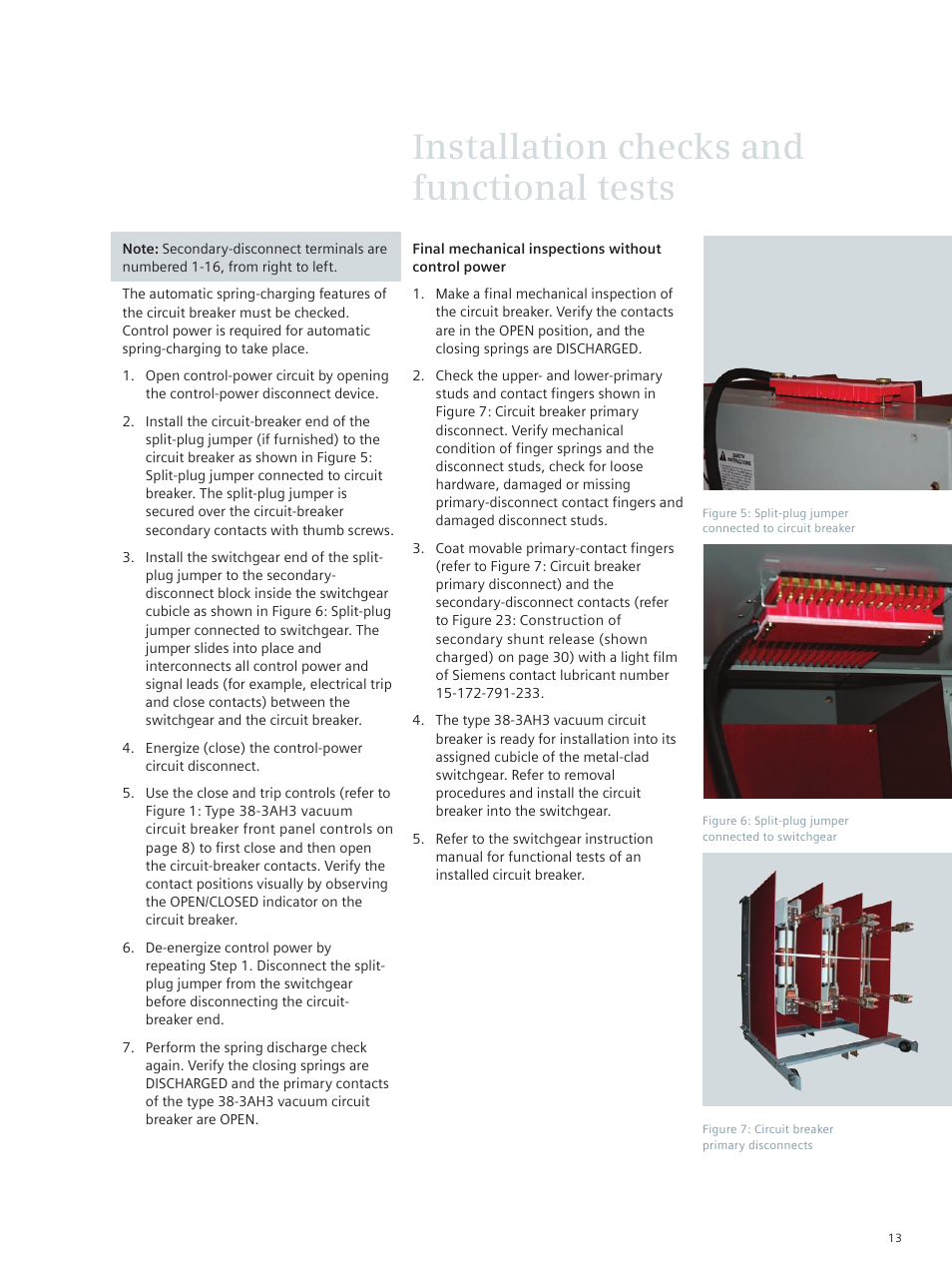 Installation checks and functional tests | Siemens vacuum circuit breaker 38-3AH3 38 kV User Manual | Page 13 / 68