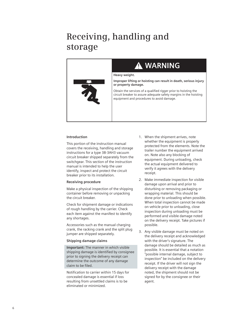 Receiving, handling and storage | Siemens vacuum circuit breaker 38-3AH3 38 kV User Manual | Page 6 / 68