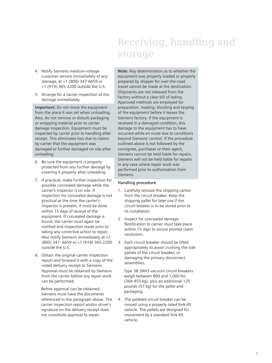 Receiving, handling and storage | Siemens vacuum circuit breaker 38-3AH3 38 kV User Manual | Page 7 / 68