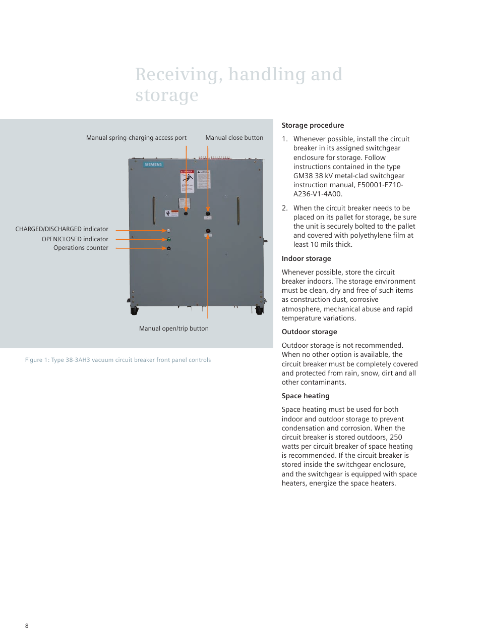 Receiving, handling and storage | Siemens vacuum circuit breaker 38-3AH3 38 kV User Manual | Page 8 / 68