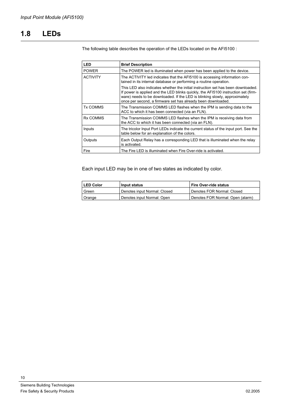 Leds, 8 leds | Siemens AFI5100 User Manual | Page 10 / 14