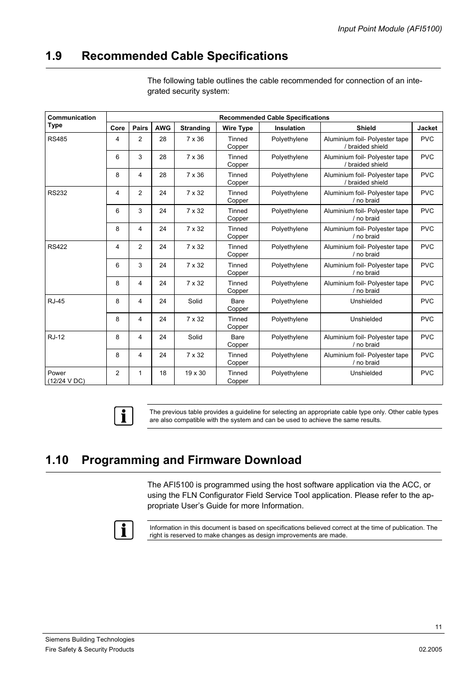 Recommended cable specifications, Programming and firmware download, 9 recommended cable specifications | 10 programming and firmware download, Input point module (afi5100) | Siemens AFI5100 User Manual | Page 11 / 14