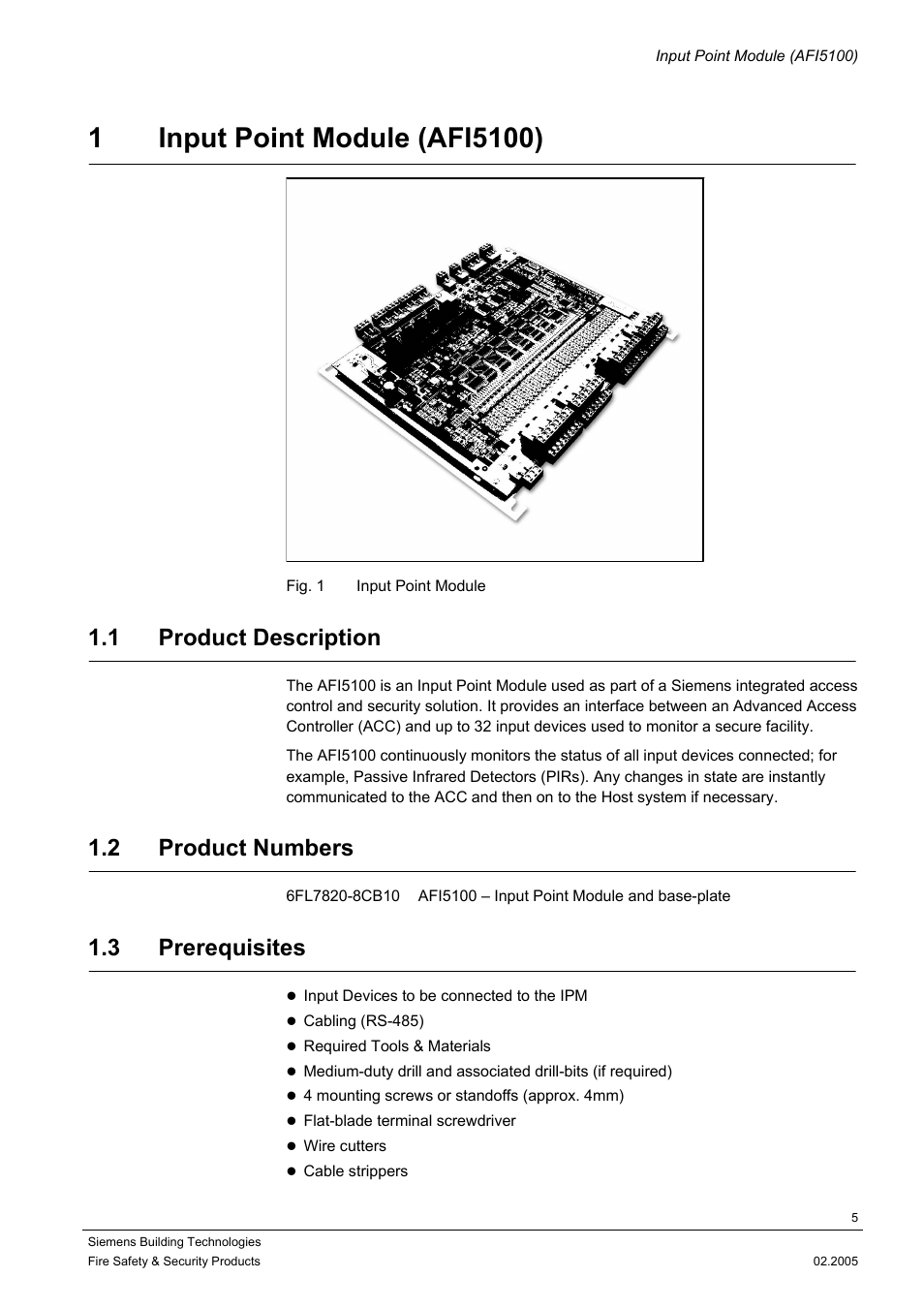 Input point module (afi5100), Product description, Product numbers | Prerequisites, 1 product description, 2 product numbers, 3 prerequisites | Siemens AFI5100 User Manual | Page 5 / 14